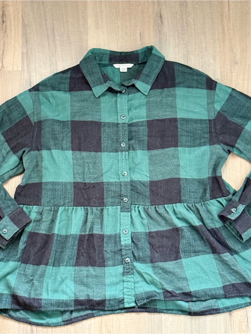 American Eagle Outfitters Green Black Plaid Button-Front Women's Babydoll Top